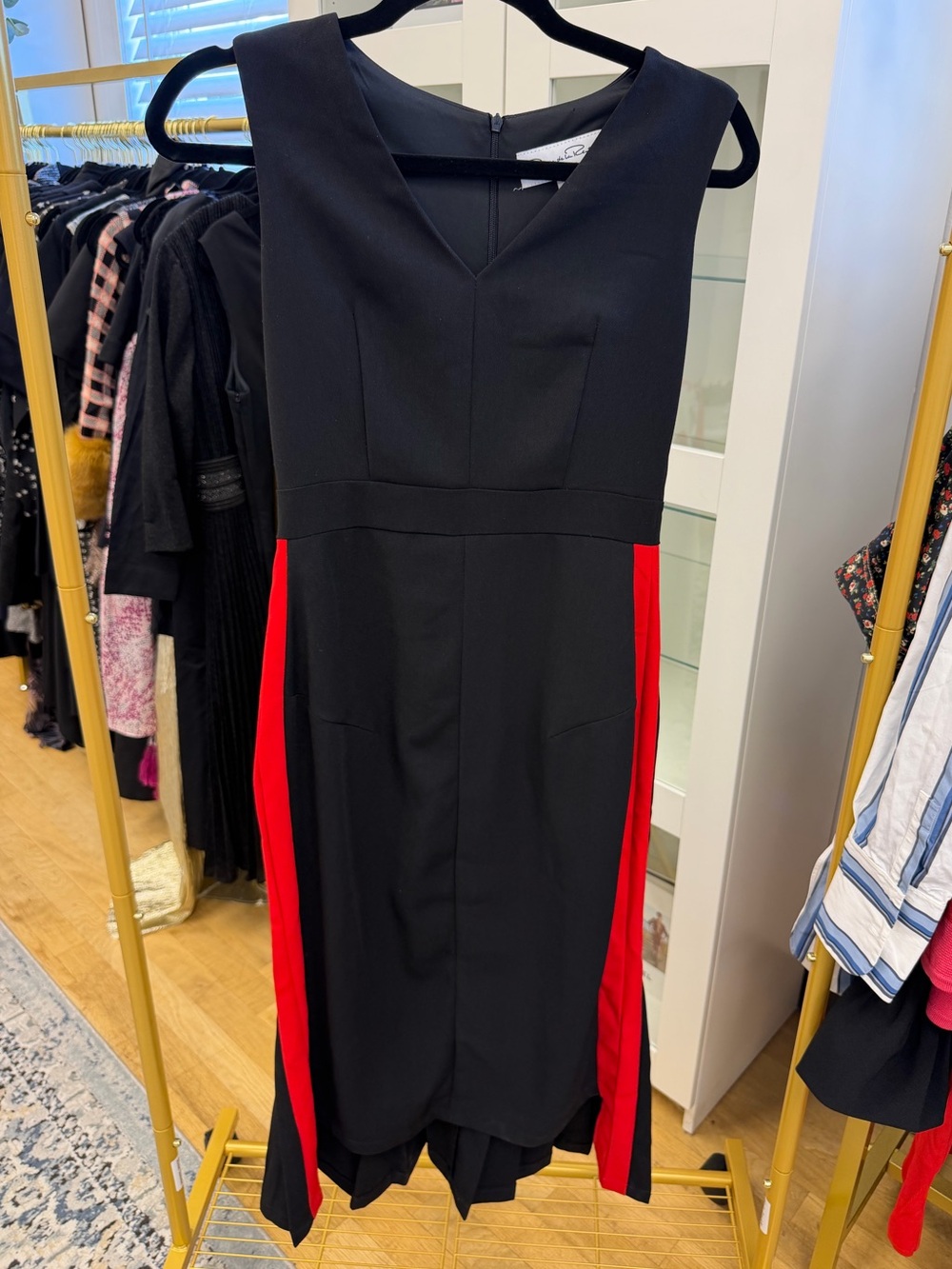 Oscar de la Renta Black Midi Dress with Red Panels & Pleated Back Sz S Classic‎